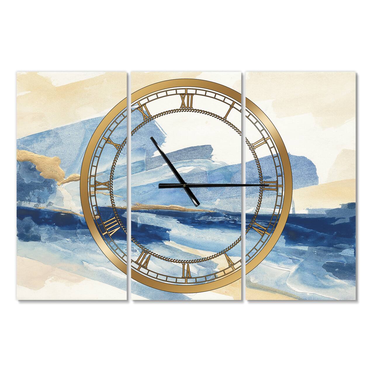 Designart Metallic Gold Indigo Modern 3 Panel Wall Clock